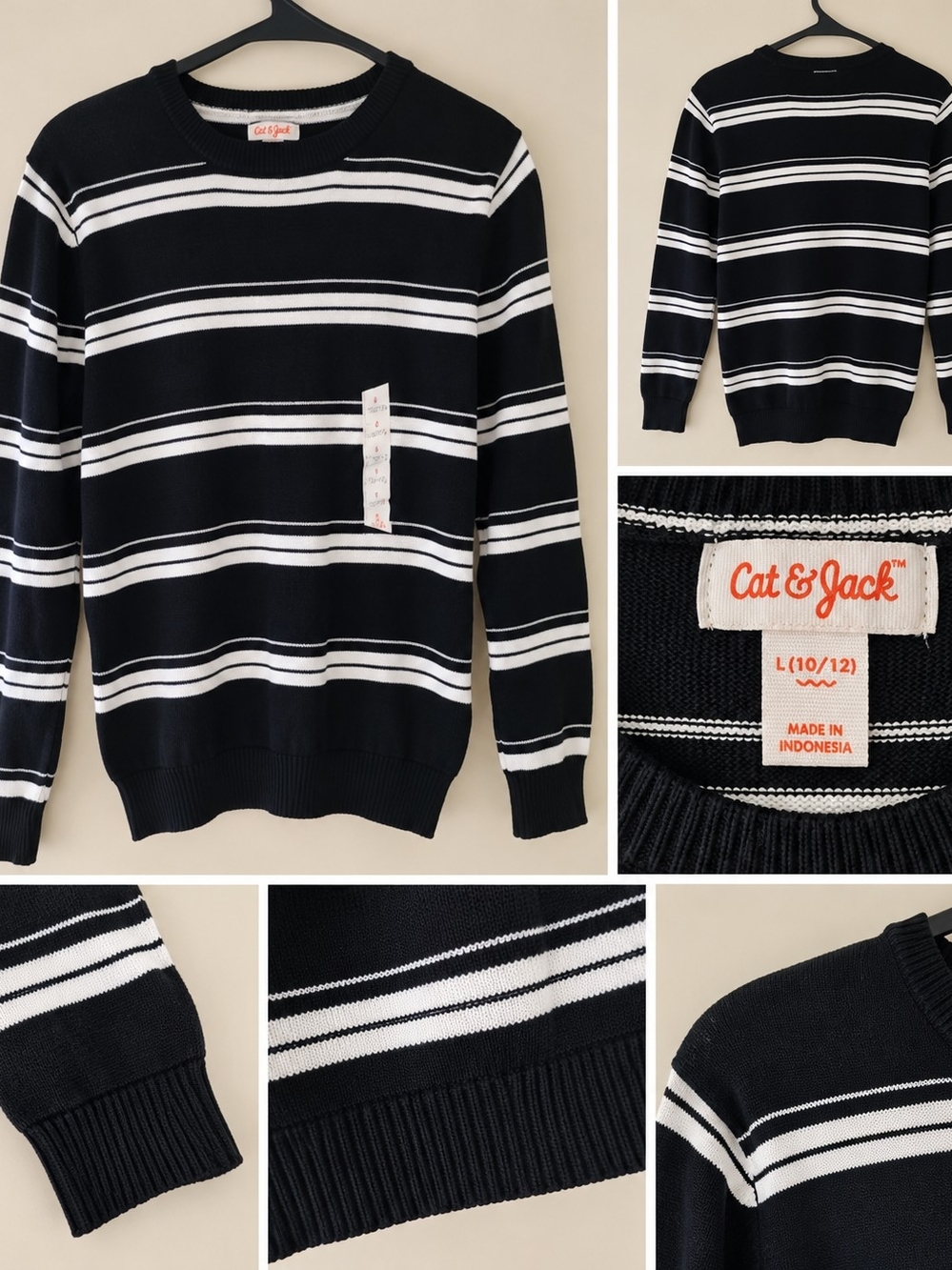 Cat & Jack Black and White Striped Crewneck Sweater